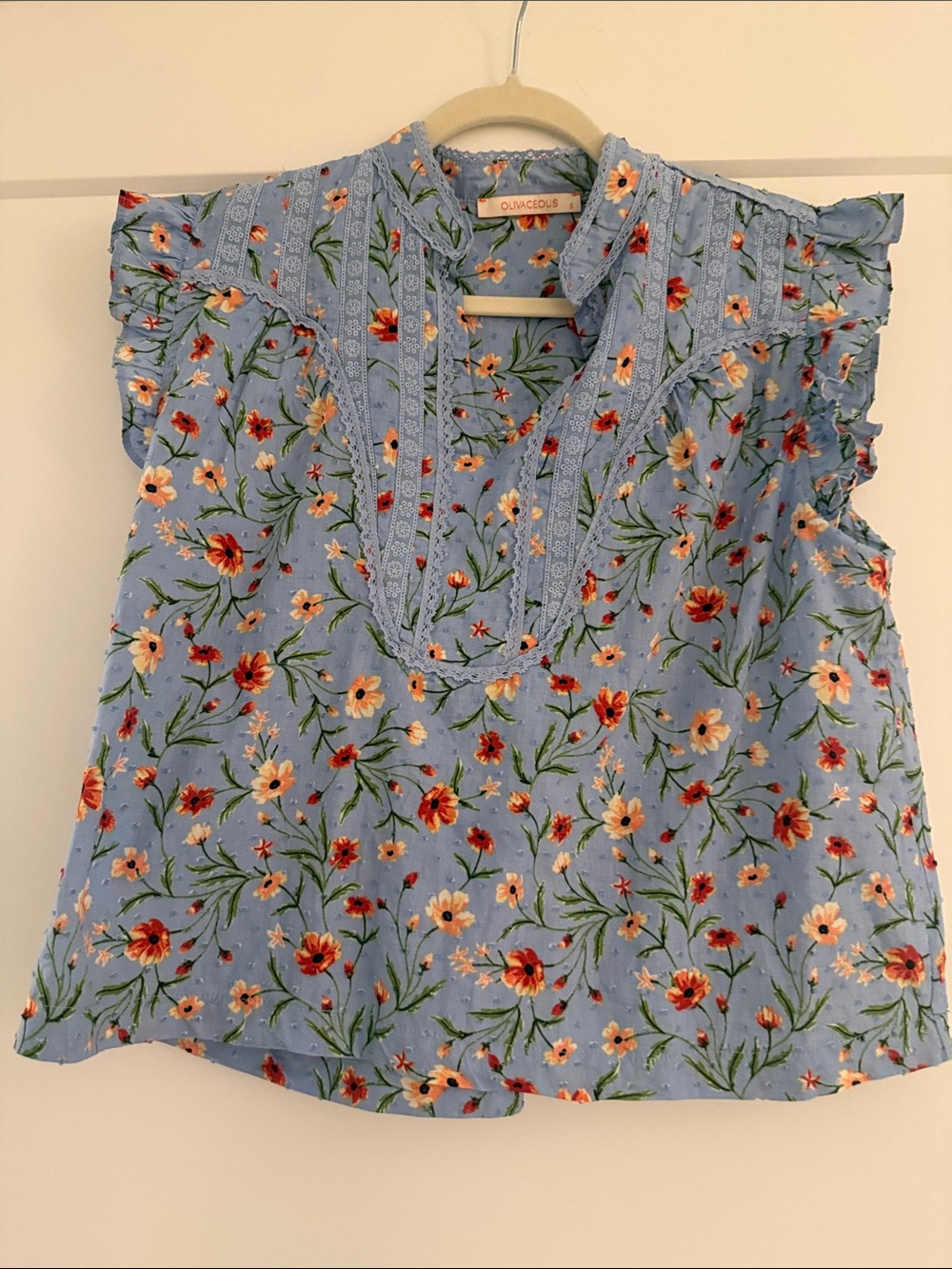 OLIVIACEOUS Light Blue Floral Lace-Trim V-Neck Ruffle Sleeve Top